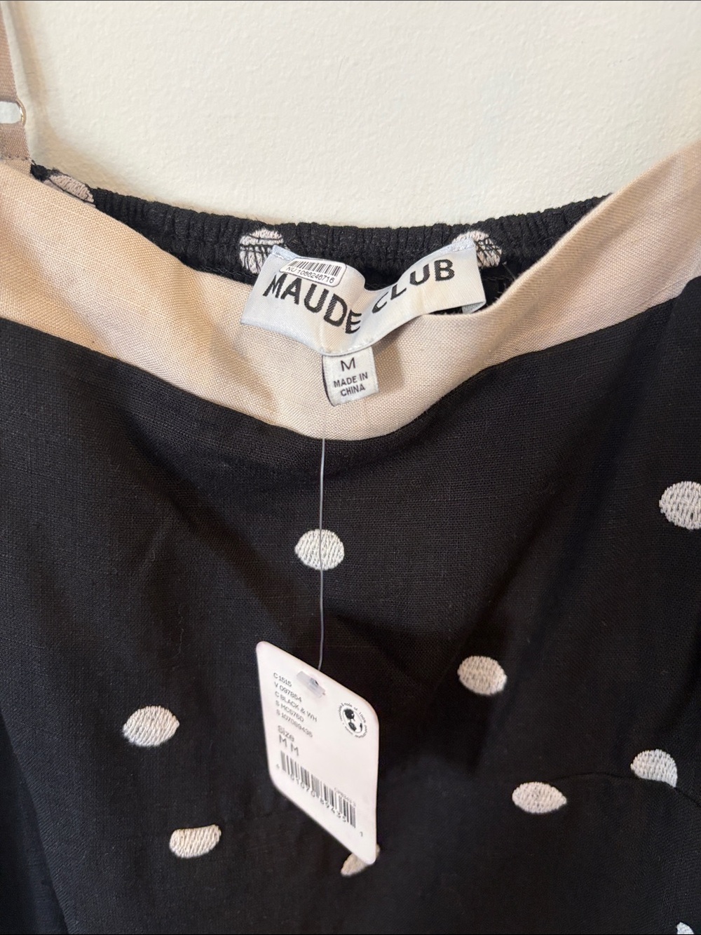 Maude Club linen Black Polka Dot Maxi Dress with Cream Trim Medium - Picture 5 of 8